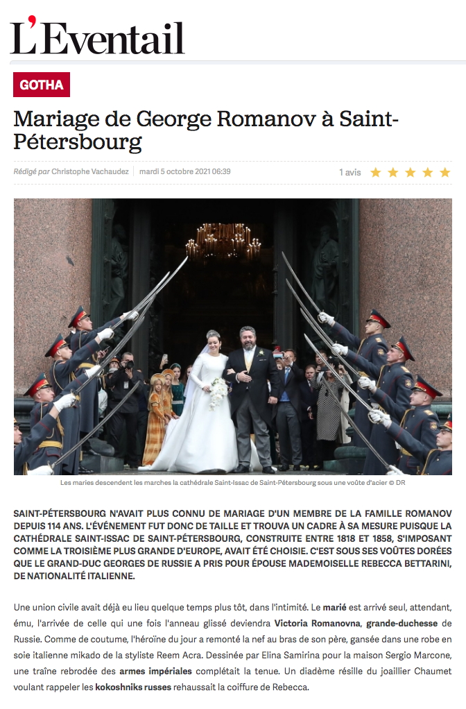 Page Internet. L|Eventail. Mariage de George Romanov à Saint-Pétersbourg, par Christophe Vachaudez. 2021-10-05